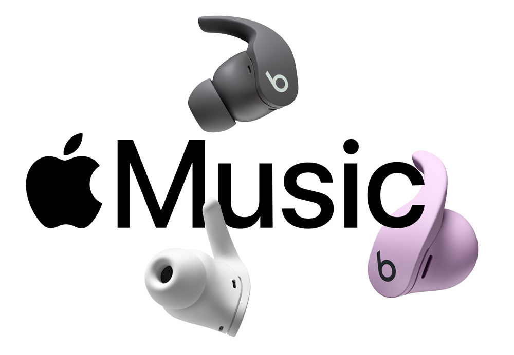Apple Music logo and Beats Fit Pro on white background
