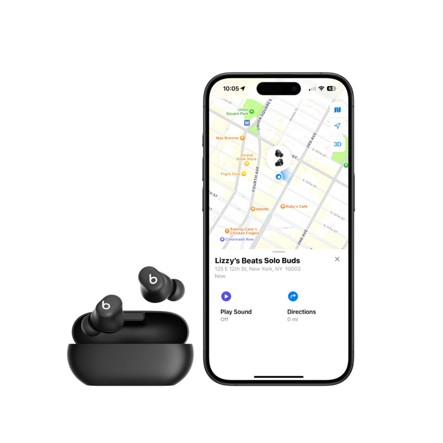 Beats Solo Buds avec l’app Localiser sur un écran de téléphone