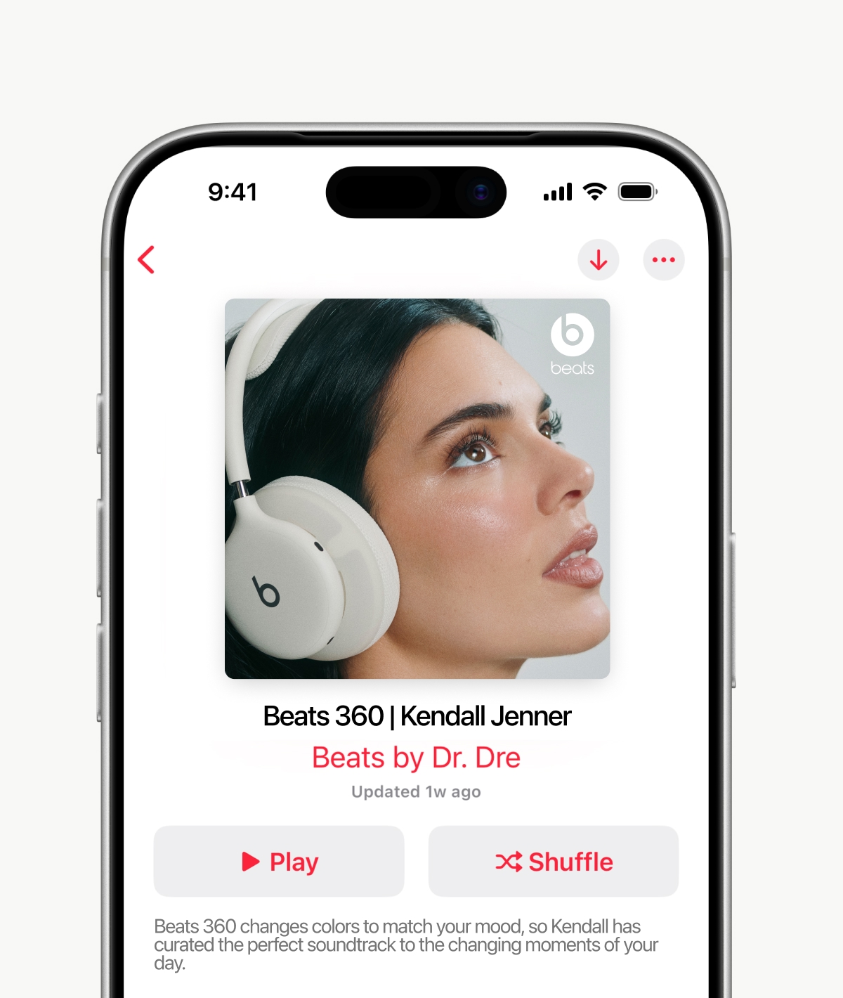 An iPhone displays an Apple Music app screen featuring Kendall Jenner’s music playlist