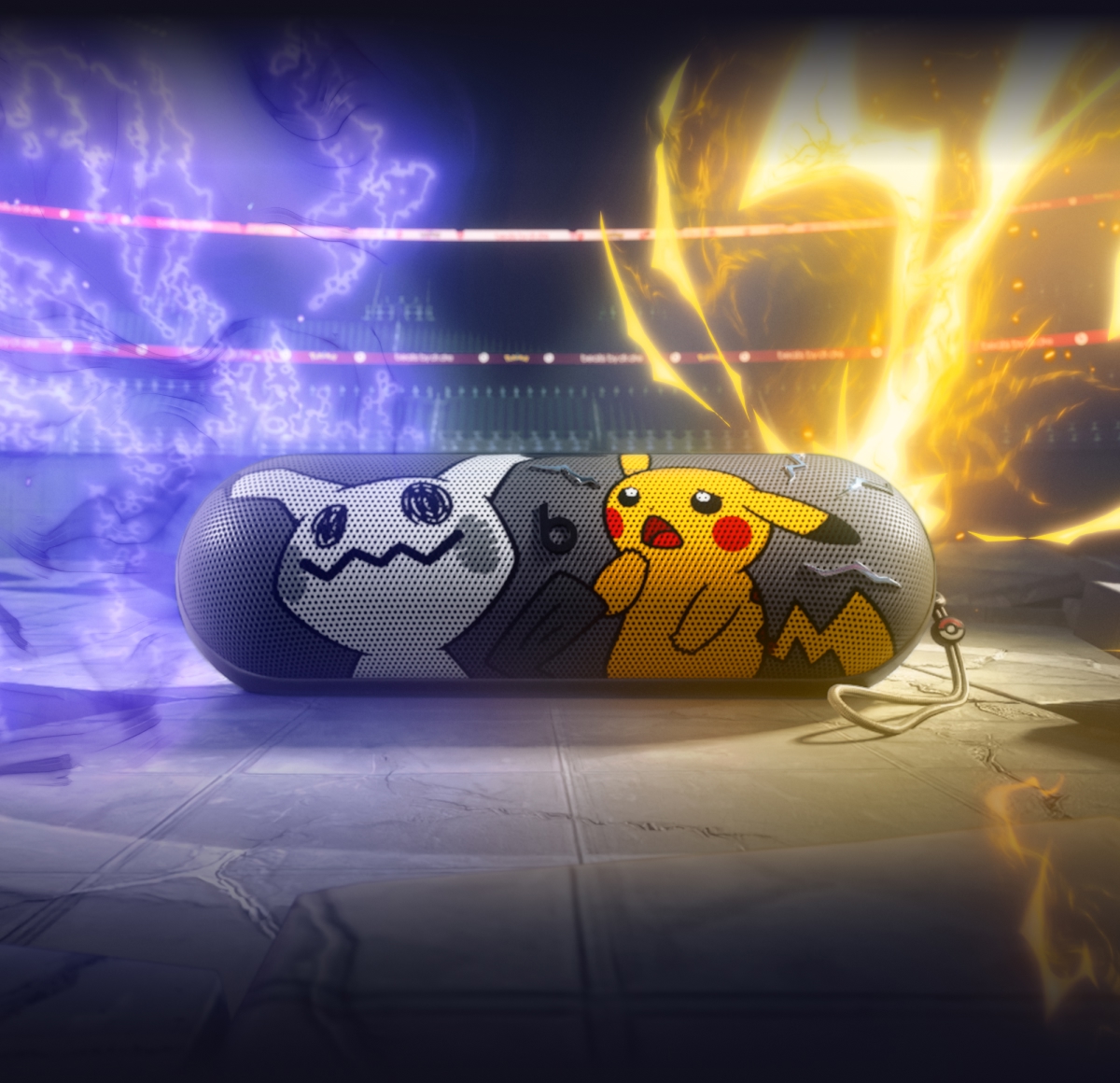The special-edition Pokémon Beats Pill portable Bluetooth® speaker featuring Pikachu and Mimikyu characters on the front grill.