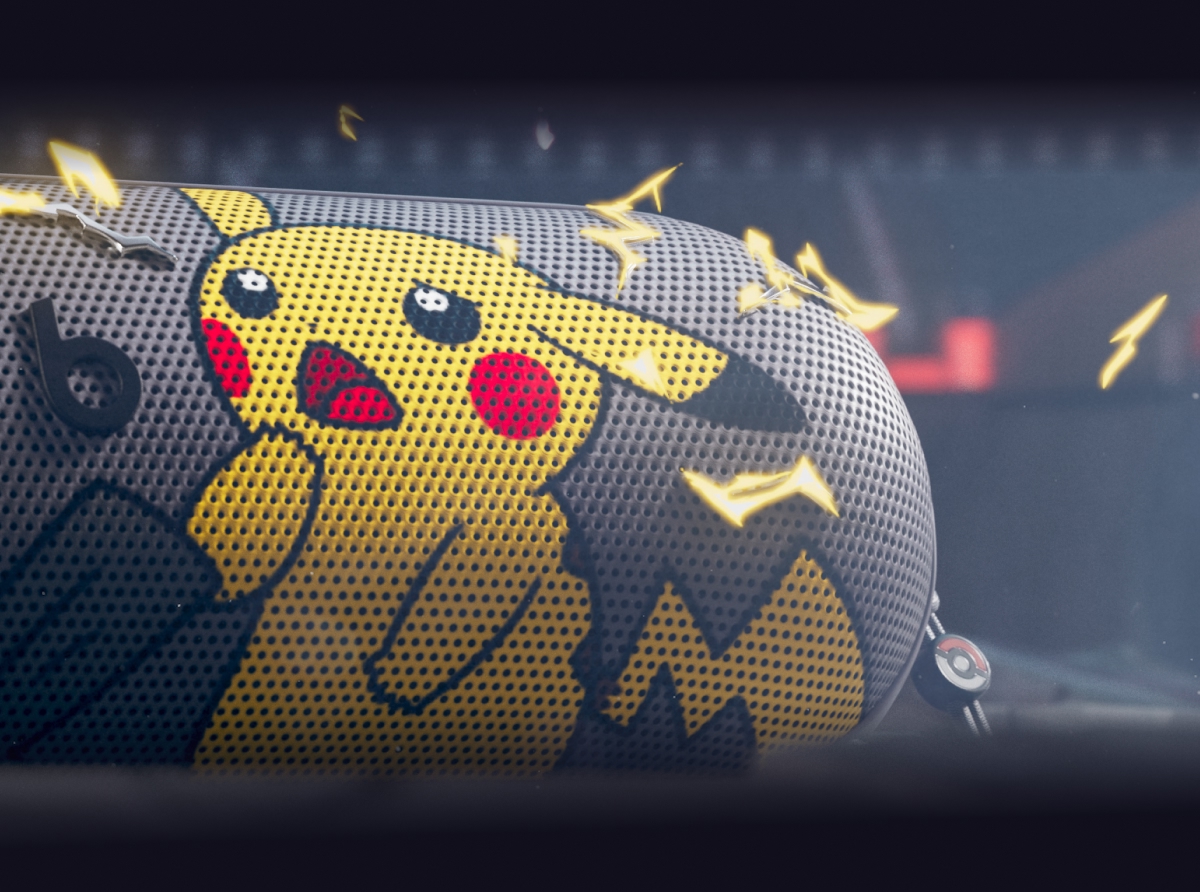 Special edition Beats Pill speaker featuring a Pikachu design and lightning bolts.