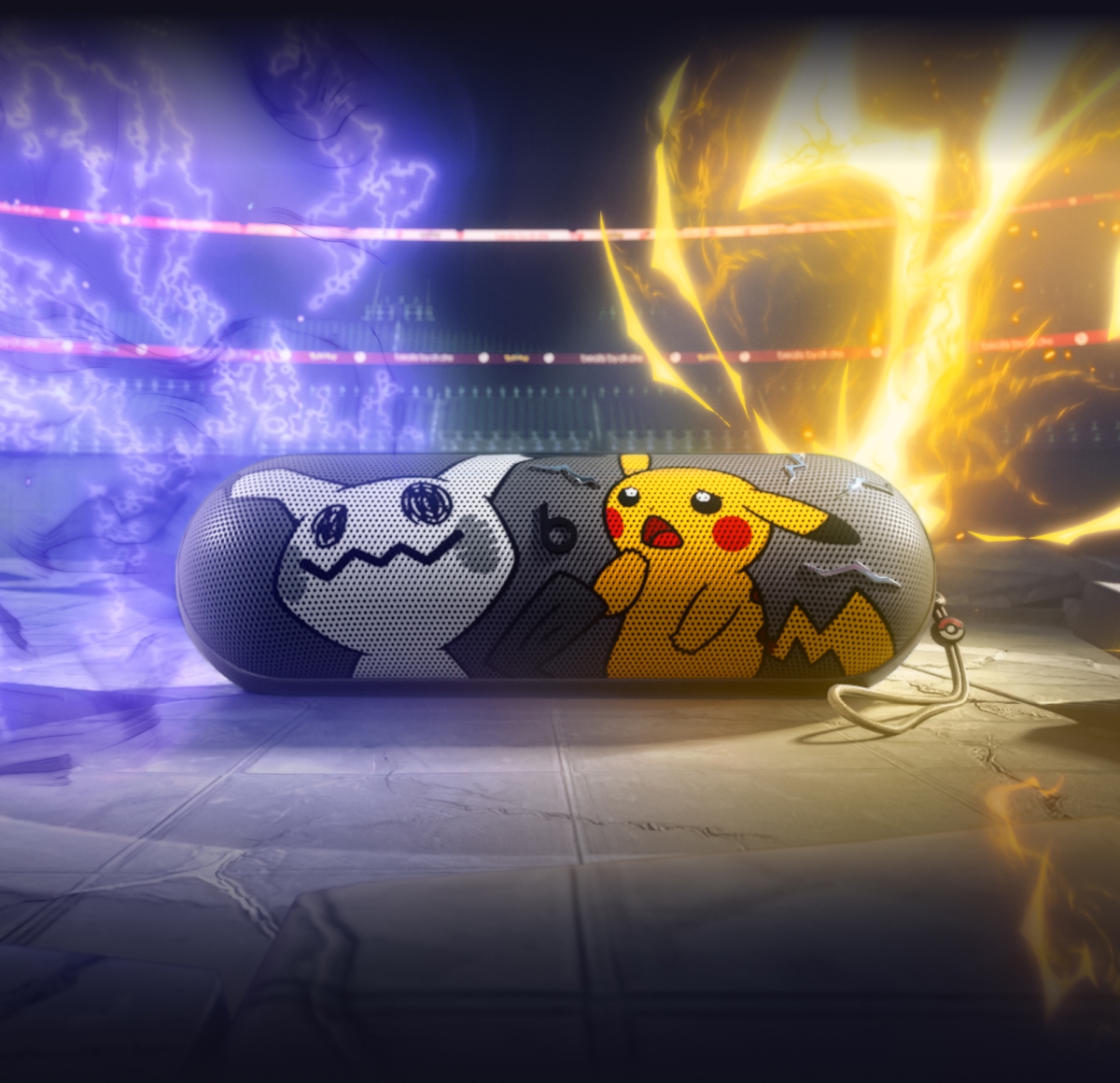 The special-edition Pokémon Beats Pill portable Bluetooth® speaker featuring Pikachu and Mimikyu characters on the front grill.
