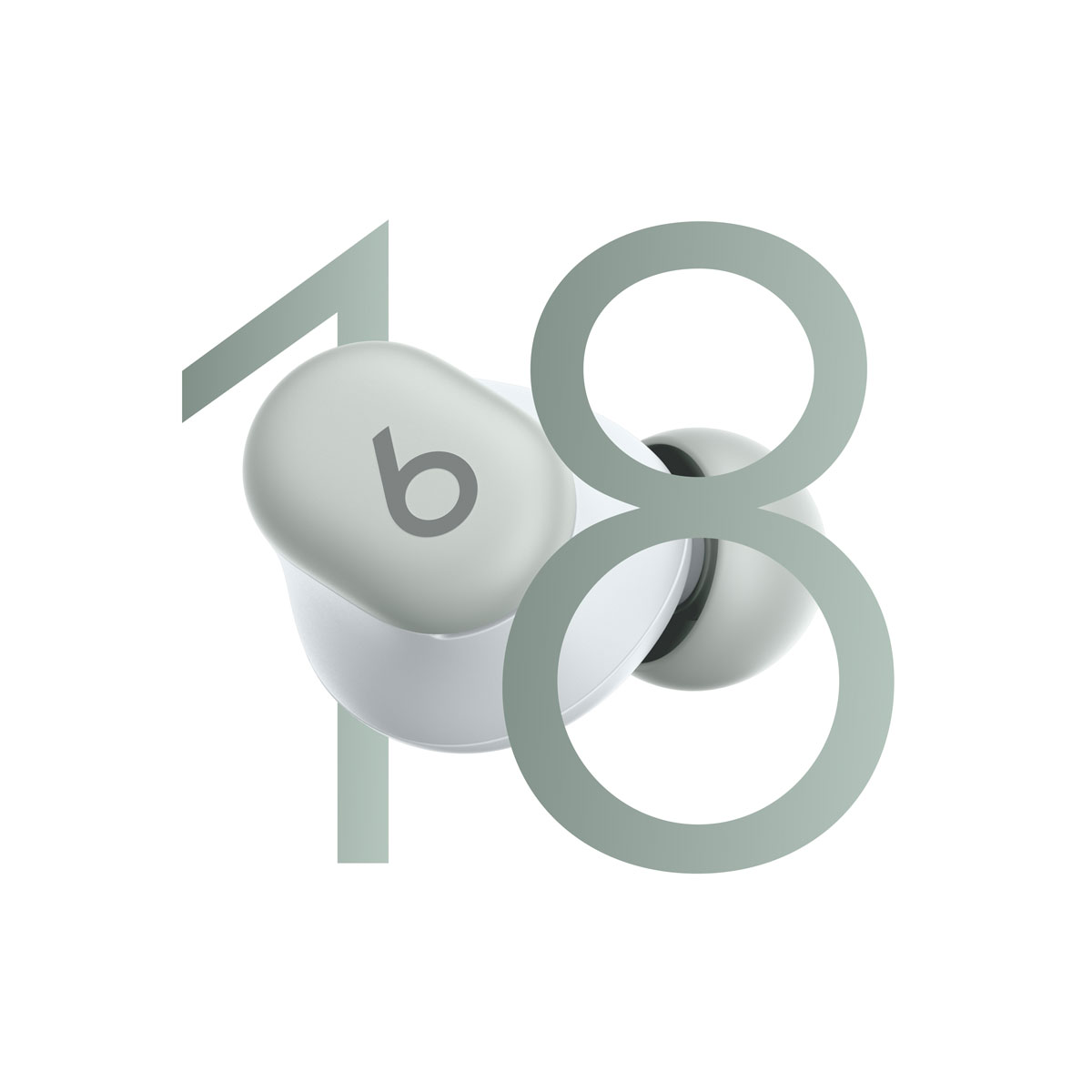 Beats Solo Buds earbud in Matte Black displayed with a graphic of the number ’18'.